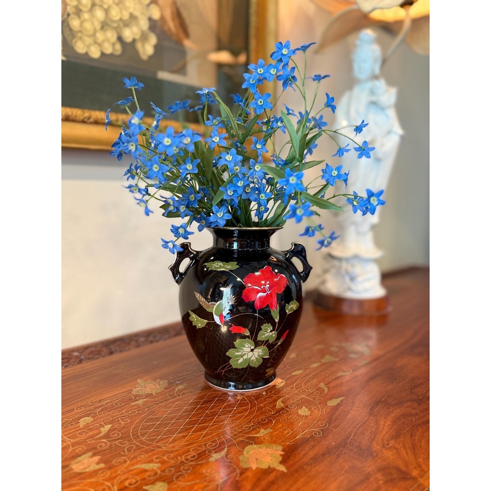 Vintage Japanese Black Ceramic Vase Hummingbird & Red‎ Blossom Motif